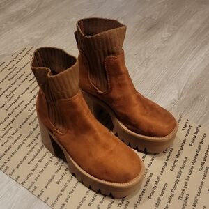 BAMBOO Tan Suede Chucky Heeled Slip On Boots